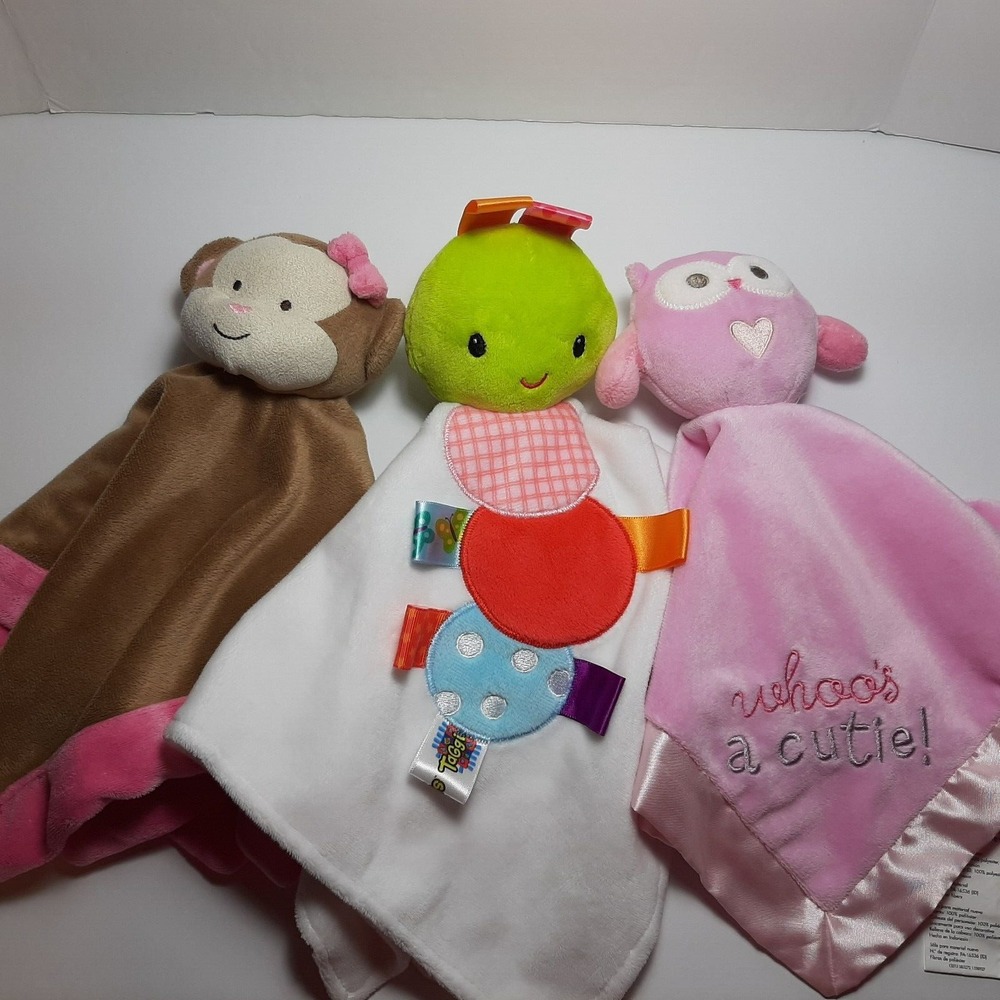 Baby Lovey Plush Security Blanket Lovey Nunu Monkey Owl Caterpillar Lot of Three